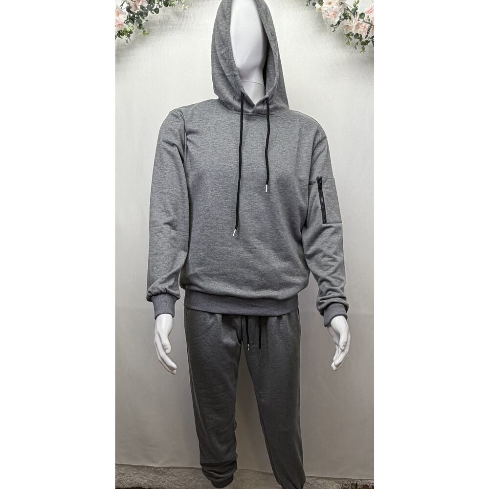 Casual 2-Piece Hooded Jogger Sweat Suit Light Gray Medium Activewear